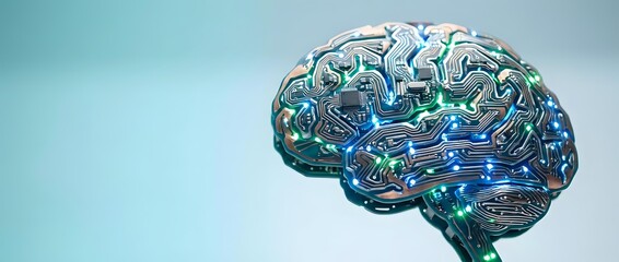 Fototapeta premium Digital brain with circuit patterns and glowing neural networks on gradient background for artificial intelligence and technology concepts.