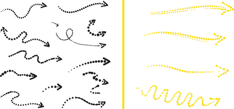 A collection of hand-drawn and dotted vector arrows in black and yellow, featuring organic wavy lines, spirals, and dashed paths to indicate flow, movement, and direction.