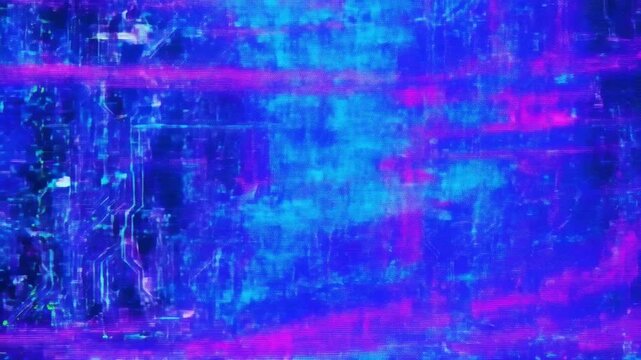 ネオンカラーのRGB分離と走査線ノイズが交錯するサイバーグリッチ抽象背景
