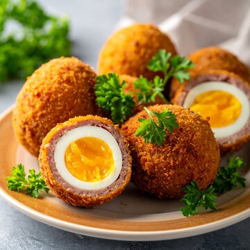 A plate of crispy fried scotch eggs garnished with parsley (1)
