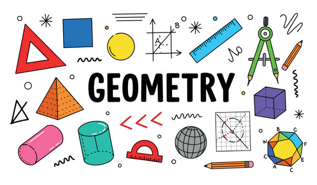 Colorful geometry shapes and tools: rulers, compass, protractor, and more