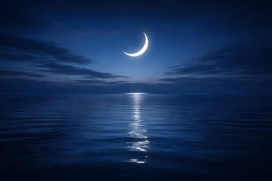 A luminous crescent moon reflects serenely on the dark blue ocean creating a peaceful night vista.