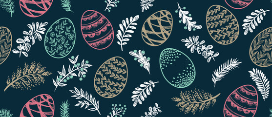 Seamless easter eggs pattern on blue	
