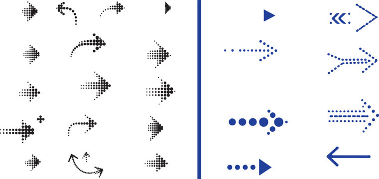 A diverse collection of vector arrows in various styles, including halftone gradients, dotted patterns, curved lines, and minimalist geometric shapes, suitable for UI navigation and design.