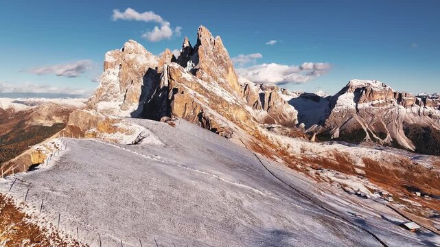 Seceda mountain, aerial view of majestic nature, beautiful touristic place.
