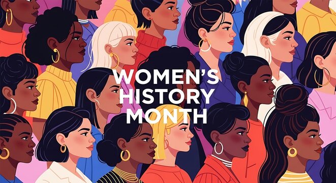 Diverse women celebrate women's history month with colorful illustration of profiles