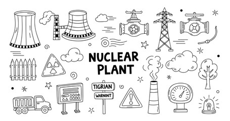 Hand-drawn nuclear plant elements with cooling towers and warning signs