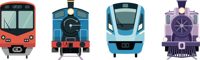 Front view collection of modern metro, steam locomotive, high speed train and vintage railway engine vector illustration isolated on white background minimalist flat design style © Mursalatun