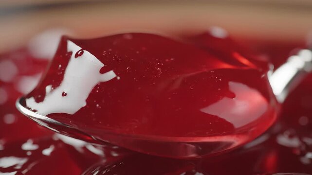 Close-up of Red Jelly Cubes on a Spoon, Sweet Dessert Refreshment