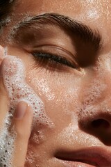 Fototapeta premium Woman washing face with cleansing foam for fresh skin