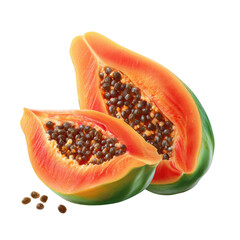Fresh papaya cut with black seeds on transparent background