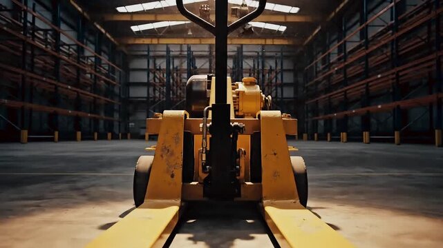 A yellow pallet jack stands alone in a vast, empty industrial warehouse with rows of storage racks. A spotlight highlights the equipment, symbolizing readiness for logistics and distribution.