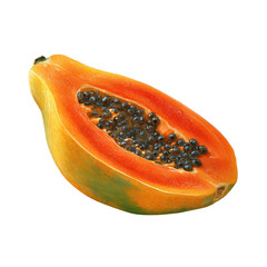 Fresh papaya cut with black seeds on transparent background