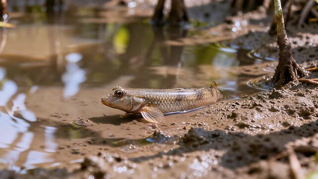 Close up wildlife mudskippers resting in muddy wetland with natural sunlight reflection and shallow depth of field cinematic environment
