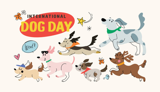 Happy International dog day background. Hand-drawn doodle vector illustration.