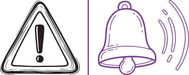 Hand-drawn style vector featuring a bold warning triangle with an exclamation mark and a ringing notification bell. A minimalist, sketch-like design conveying alerts and important messages. © Nur