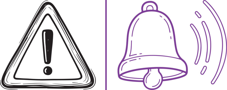 Hand-drawn style vector featuring a bold warning triangle with an exclamation mark and a ringing notification bell. A minimalist, sketch-like design conveying alerts and important messages.