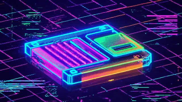 ネオン輝くドットグリッチのフロッピーディスクを描いたレトロトレンドのアイソメトリック立体アイコン