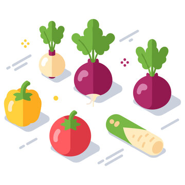 Colorful isometric vegetables: bell pepper, tomatoes, beets, zucchini, turnip