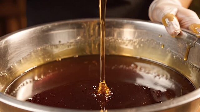 Close Up Stirring Thick Brown Liquid in a Stainless Steel Bowl with a Metal Spoon Cooking and Food Preparation