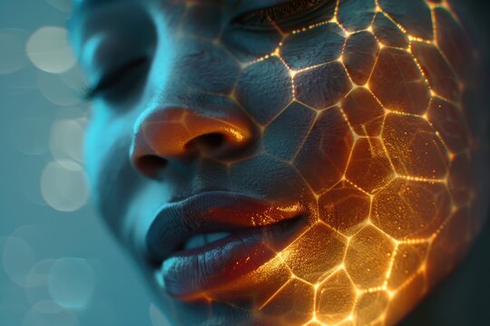 Conceptual macro portrait of a woman with a glowing golden hexagonal mesh on her face representing collagen structure, skin repair and cellular regeneration technology