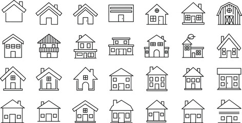 Fototapeta premium Collection of house and building icons featuring diverse architectural styles, including barns, homes, and commercial structures, minimalist black-and-white line vector illustration design