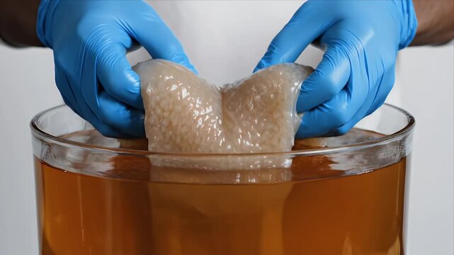 Golden Kombucha Culture in Glass Jar with Gloved Hand Action Liquid Flowing Brewed Tea Fermentation Process Close-Up