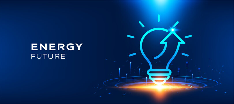 Energy future concept with glowing light bulb and upward arrow on dark blue technology background. Vector illustration for innovation business, smart power, and digital growth energy theme