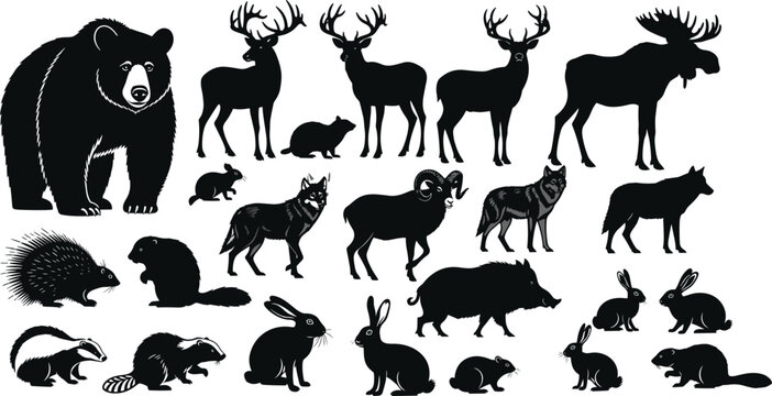 Collection of North American wildlife silhouettes including bear, deer, moose, wolves, and small mammals, showcasing diverse forest animals for educational, artistic, and ecological design use