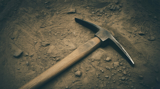 A weathered pickaxe rests on rough earthy ground suggesting mining or excavation.