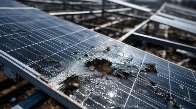 Broken solar panel with shattered glass and puncture holes after storm, rooftop array damage and energy loss risk.