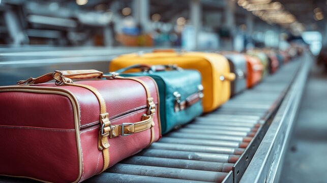 Travel bag on conveyor belt at airport luggage handling, showing suitcase in a row with baggage processing and transit context.