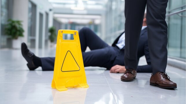 Businessperson fallen on glossy hallway floor near caution sign, depicts slip-and-fall personal injury and liability risk.