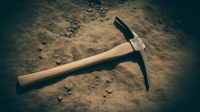 A weathered pickaxe rests on grainy textured earth suggesting hard labor.