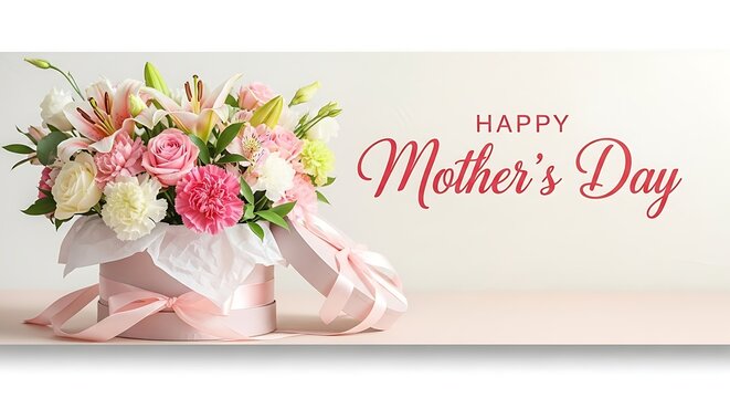 Beautiful bouquet of pink and white flowers in pink hat box with ribbon on table