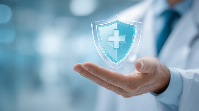 Professional executive hand gently holding transparent holographic medical shield icon, futuristic healthcare insurance concept for life protection, advanced digital health security visualization 