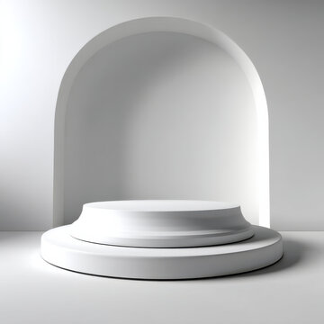 Minimal white product display modern podium round platform clean background soft shadow contemporary style empty stage arch