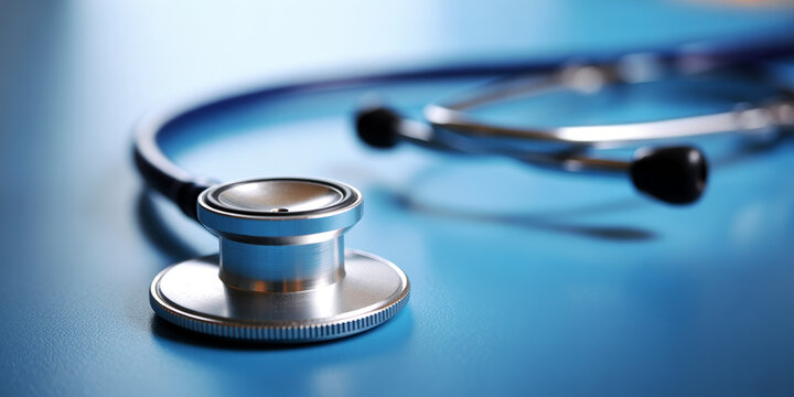 A silver stethoscope rests on a smooth bright blue surface symbolizing healthcare.