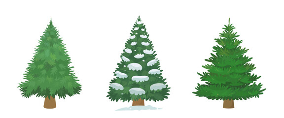 Fototapeta premium Cartoon Christmas tree with snow. Vector hand drawn set of Christmas trees character illustration isolated on white background. Merry Christmas and happy New year.