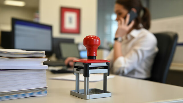 A red stamp rests in focus before a blurred woman talking on the phone at work.
