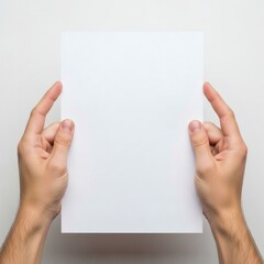 Obraz premium Hands holding a blank sheet of paper against a white background.