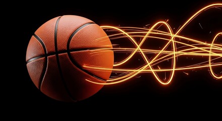 Obraz premium Basketball with dynamic glowing orange lines on black background conveying energy and movement in sports