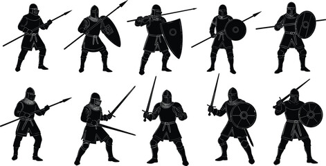 Medieval knight warrior silhouette set with swords spears and shields isolated on white background historical combat character poses collection