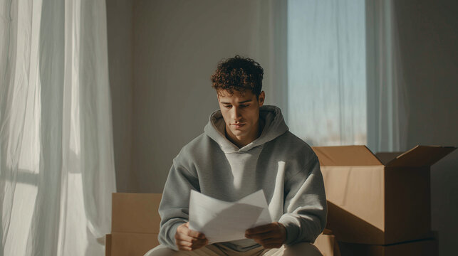 Young adult sitting in small minimal apartment reviewing rent or mortgage documents, concerned man analyzing financial papers at home, housing affordability and economic stress concept.