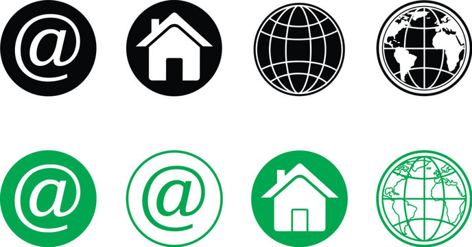 Contact and home icon collection featuring email symbol house web globe and world map in solid black and green circle styles.