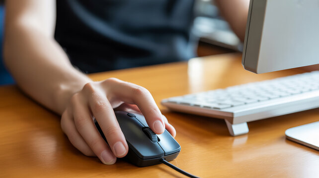 A person s hands using a computer mouse on a wooden office desk.