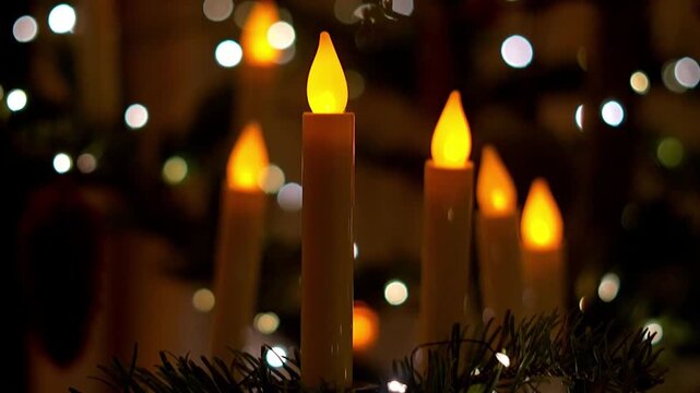 Vintage Candle String Lights on Christmas Tree with Warm Festive Glow and Bokeh Background