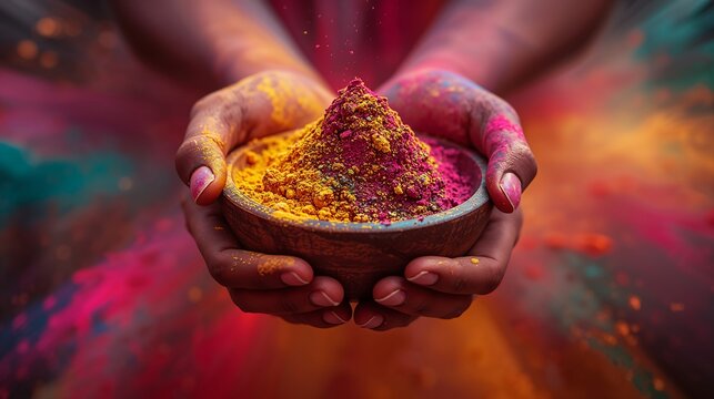 Vibrant colors of holi festival in a bowl held by hands covered in paint