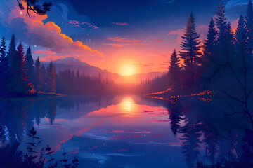 Captivating dual environment with radiant sunset over scenic lake landscape