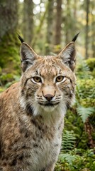 Obraz premium Eurasian lynx portrait with piercing yellow eyes and tufted ears in natural forest habitat. Wild cat predator staring directly at camera among green vegetation.